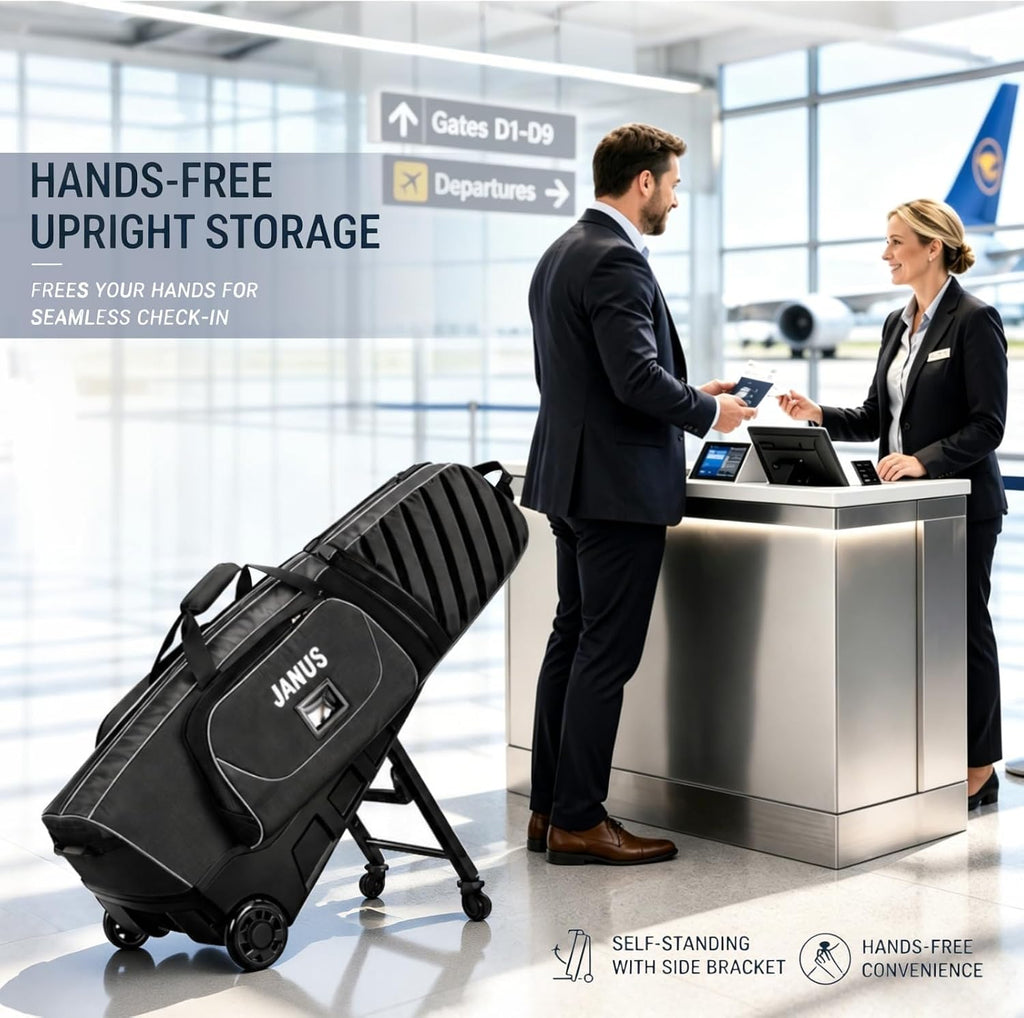JANUS Golf Travel Bag with Wheels for Airlines, 360° Spinner Golf Travel Case with Collapsible Support Legs System, Reinforced Hard Base Golf Club Travel Bag, Airline-Ready Golf Travel Cover