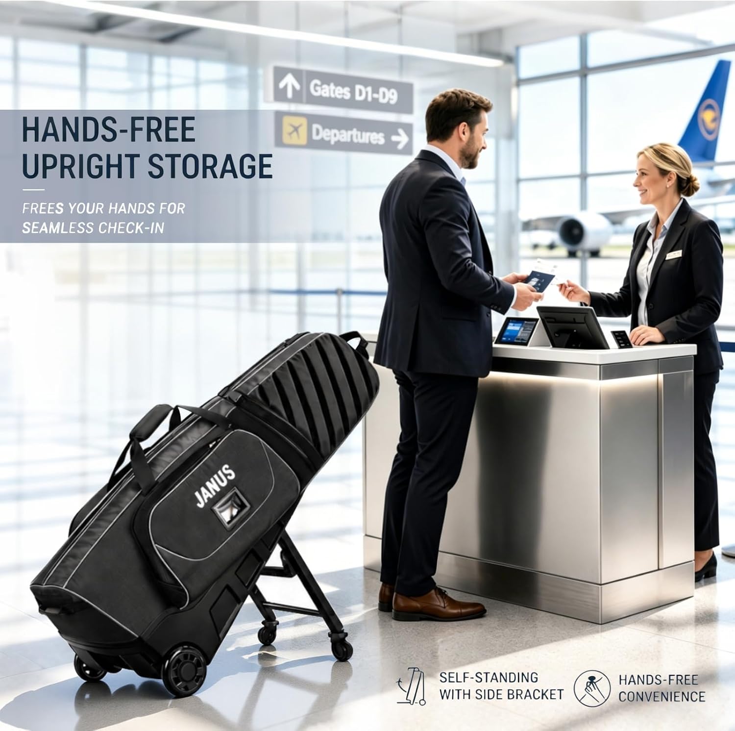 JANUS Golf Travel Bag with Wheels for Airlines, 360° Spinner Golf Travel Case with Collapsible Support Legs System, Reinforced Hard Base Golf Club Travel Bag, Airline-Ready Golf Travel Cover
