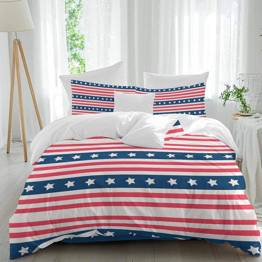 Prime Leader Independence Day Duvet Cover Set Queen Size 4 Pieces Watercolor Red White Blue Stripes White Bedding Set with Zipper Closure, 1 Comforter Cover 90x92 Inches 1 Flat Sheet & 2 Pillow Cases