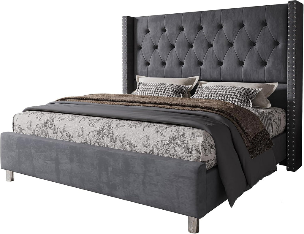 Jocisland Queen Bed Frame Upholstered Bed Wingback Headboard Velvet Tufted Diamond Button/No Box Spring Needed/Easy Assembly/Gray