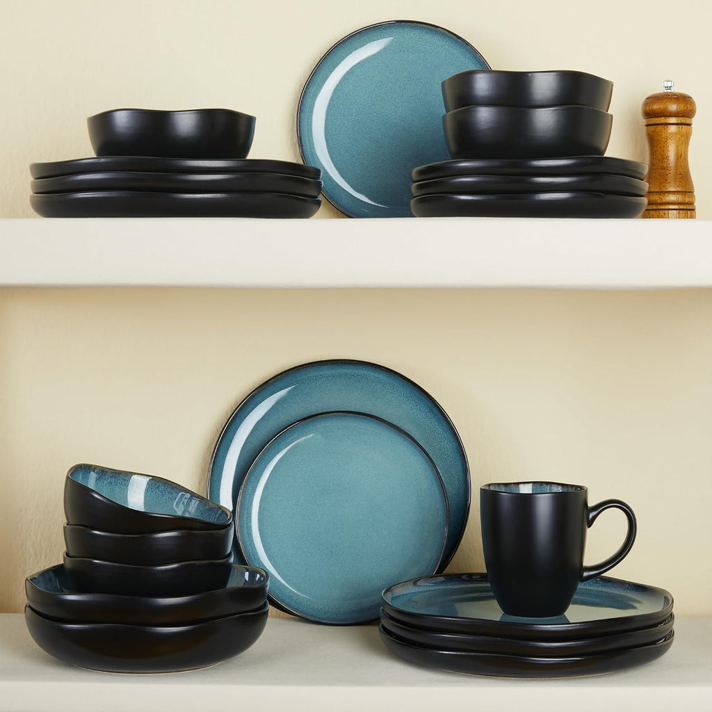 Pokini 32 Piece Dinnerware Set for 8 with Pasta Bowls, Green Black Reactive Glaze Stoneware | All‑in‑One Host Set for Entertaining, Holiday Meals, Multi‑Course Dinners | Unique Irregular Coastal Look
