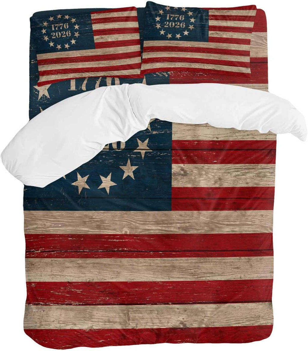 Independence Day Duvet Cover Set Queen Size 4 Pieces Retro American Flag Patriotic Red Blue Stripe Star Bedding Set with Zipper Closure, 1 Comforter Cover 86x86 Inches 1 Flat Sheet & 2 Pillow Cases