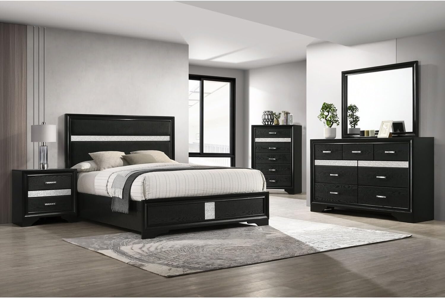 HomeStock Bedroom Set 4 Piece Black Finish Modern Design