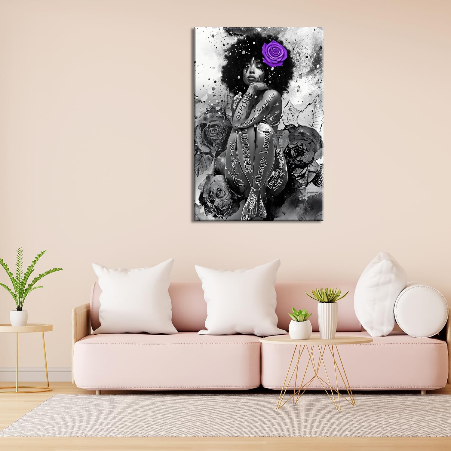 ZHIYYHAO Black and White Black Girl Wearing Purple Rose On Head Yoga Wall Decor Framed Modern Artwork Unique Gift Idea for Women Girls and Art Lovers （AW-11，42.00L X28.00W''）