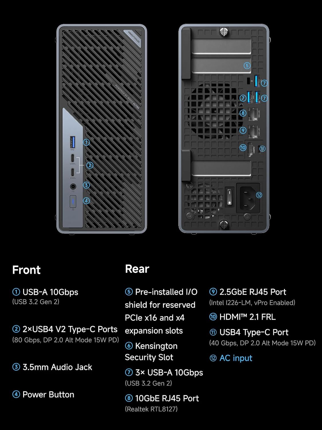 MINISFORUM MS-02 Ultra Workstation Core Ultra 5 235HX Barebone Mini PC Without Storage/OS, HDMI|USB4|2xUSB4 V2 Output, 4X DDR5 SO-DIMM Slot, 2X SSD Slot, 1x10G RJ45, 1x2.5G RJ45 Port, WiFi7/BT5.4 PC