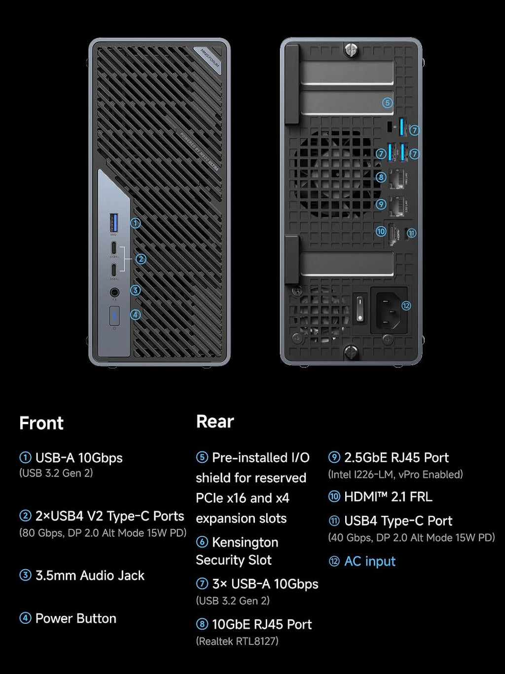 MINISFORUM MS-02 Ultra Workstation Core Ultra 5 235HX 32GB RAM 1TB SSD Mini PC, HDMI|USB4|2xUSB4 V2 Output, 4X DDR5 SO-DIMM Slot, 2X SSD Slot, 1x10G RJ45, 1x2.5G RJ45 Port, WiFi7/BT5.4 PC