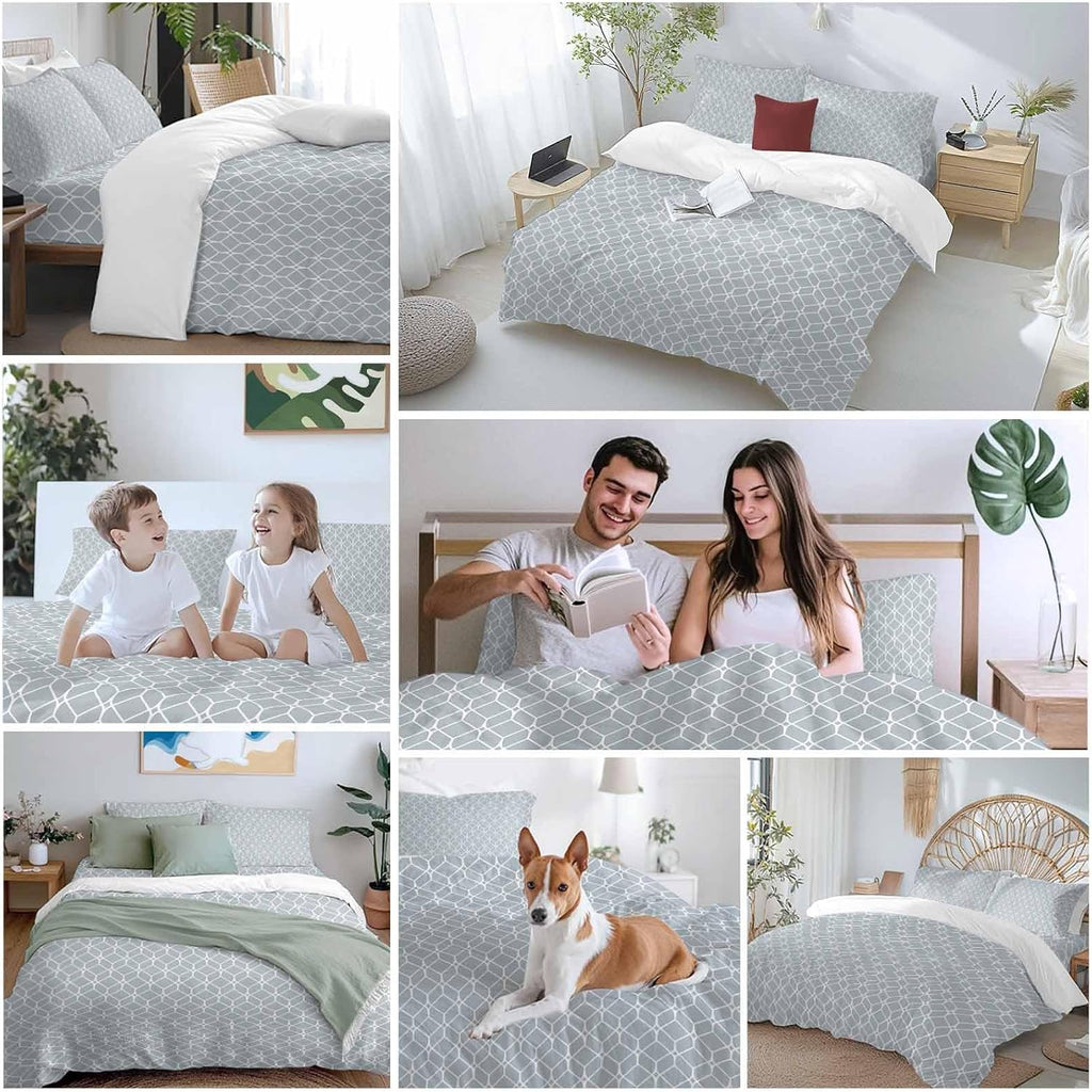 Prime Leader Modern Geometric Duvet Cover Set Queen Size 4 Pieces Grey Color Blocks Abstract Cube Simple Bedding Set with Zipper Closure, 1 Comforter Cover 90x92 Inches 1 Flat Sheet & 2 Pillow Cases
