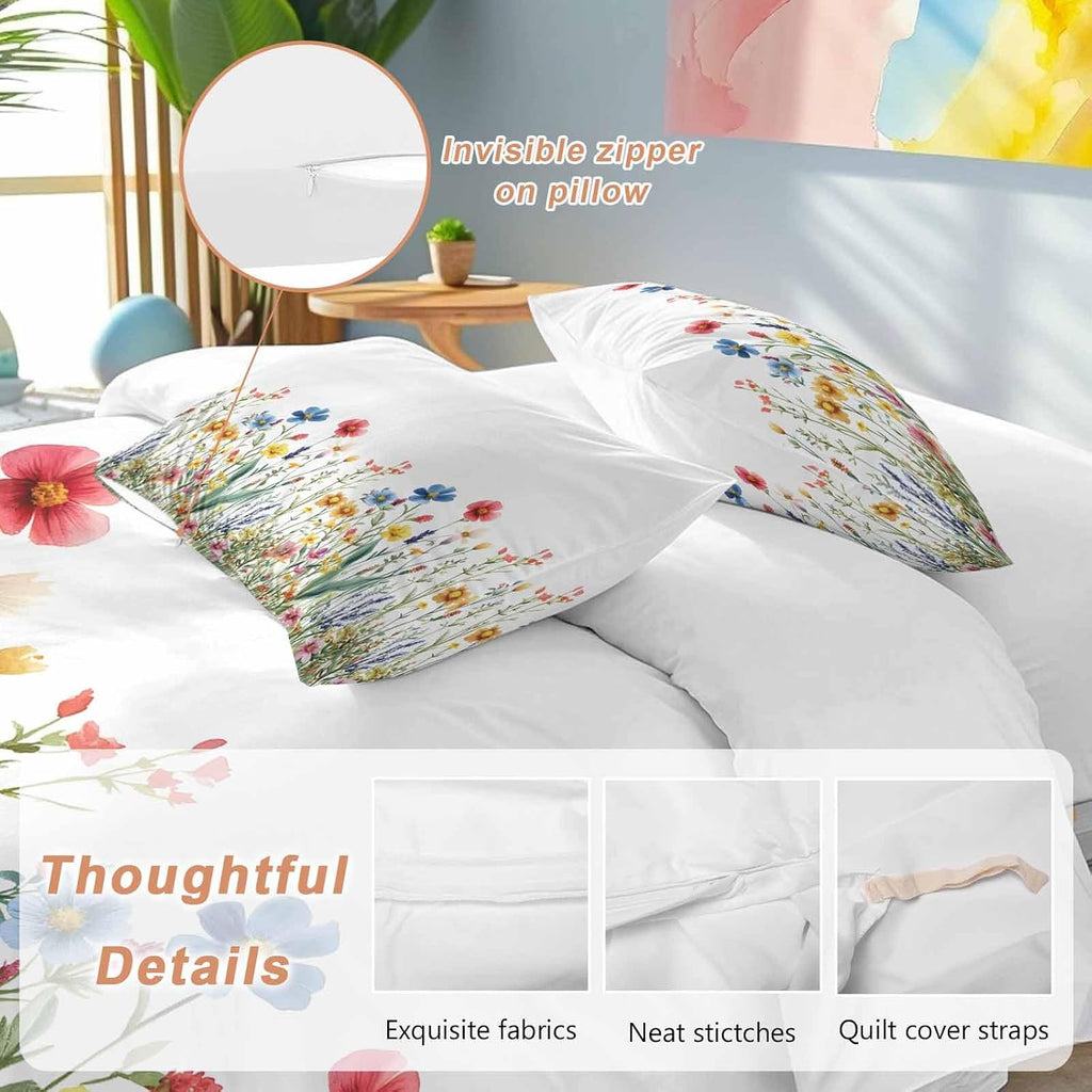 Spring Summer Duvet Cover Set Queen Size 4 Pieces Colorful Wildflower Leaves Sage Green Leaf Bedding Set with Zipper Closure, 1 Comforter Cover 92x106 Inches 1 Flat Sheet & 2 Pillow Cases