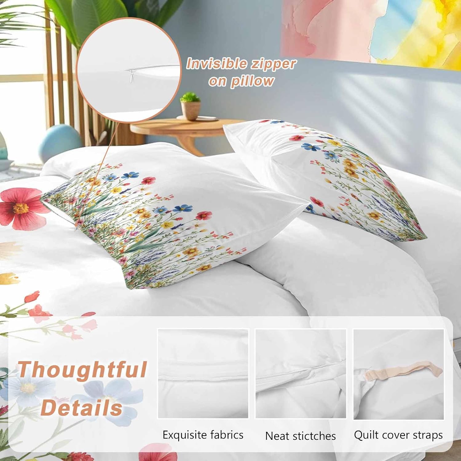 Spring Summer Duvet Cover Set Queen Size 4 Pieces Colorful Wildflower Leaves Sage Green Leaf Bedding Set with Zipper Closure, 1 Comforter Cover 92x106 Inches 1 Flat Sheet & 2 Pillow Cases