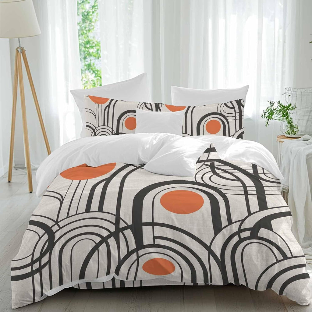 Black Orange Duvet Cover Set Queen Size 4 Pieces Abstract Line Boho Minimalist Mid Century Arch Geometric Bedding Set with Zipper Closure, 1 Comforter Cover 86x86 Inches 1 Flat Sheet & 2 Pillow Cases