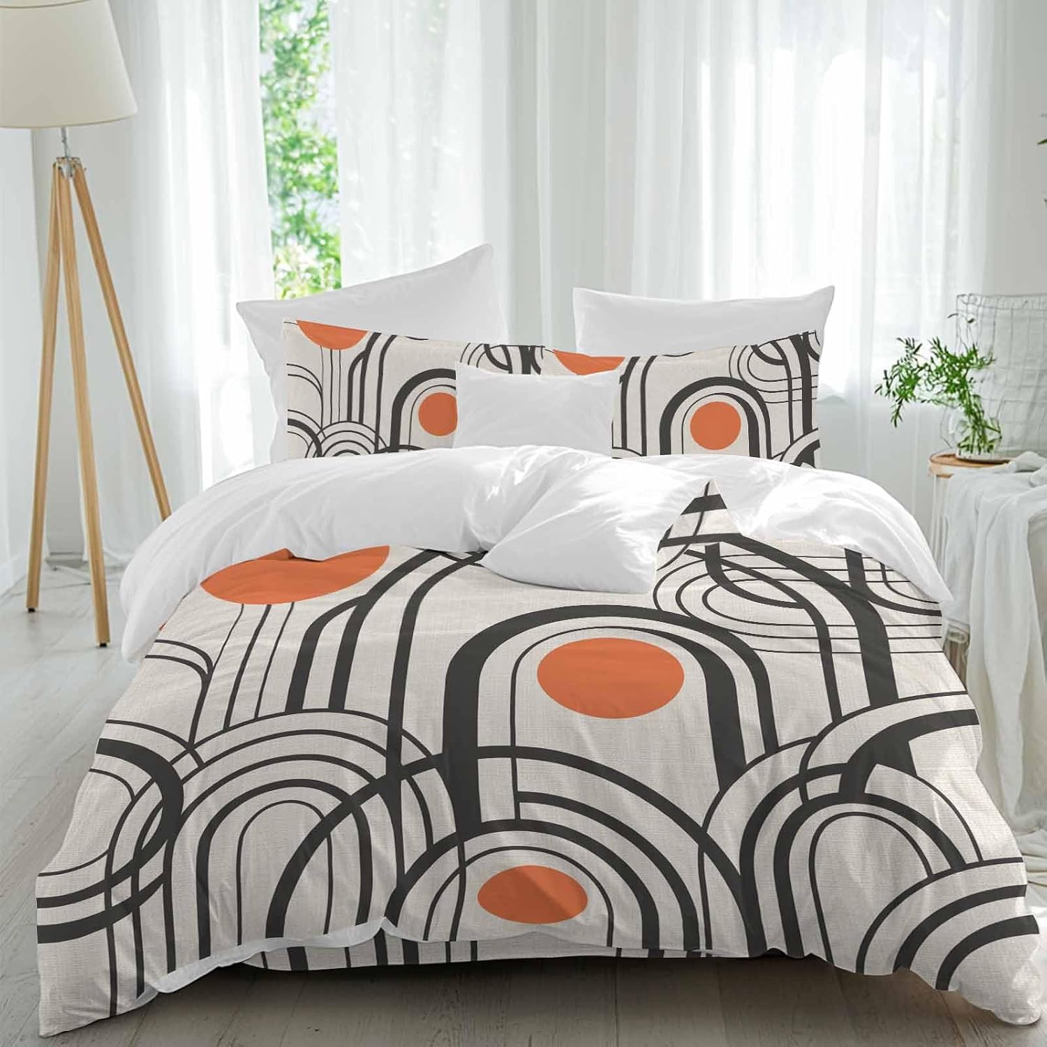 Black Orange Duvet Cover Set Queen Size 4 Pieces Abstract Line Boho Minimalist Mid Century Arch Geometric Bedding Set with Zipper Closure, 1 Comforter Cover 92x106 Inches 1 Flat Sheet & 2 Pillow Cases