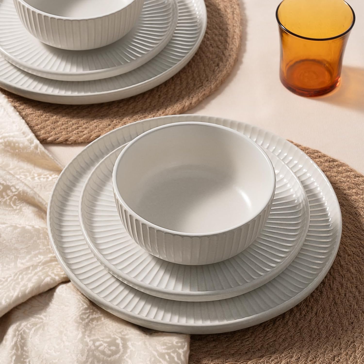 Famiware Starlight 18-Piece Plates and Bowls Sets for 6, Stoneware Dinnerware with Ribbed Textured, Handcrafted Reactive Glaze Dishes - Dishwasher & Microwave Safe, Chip/Scratch Resistant, Matte White