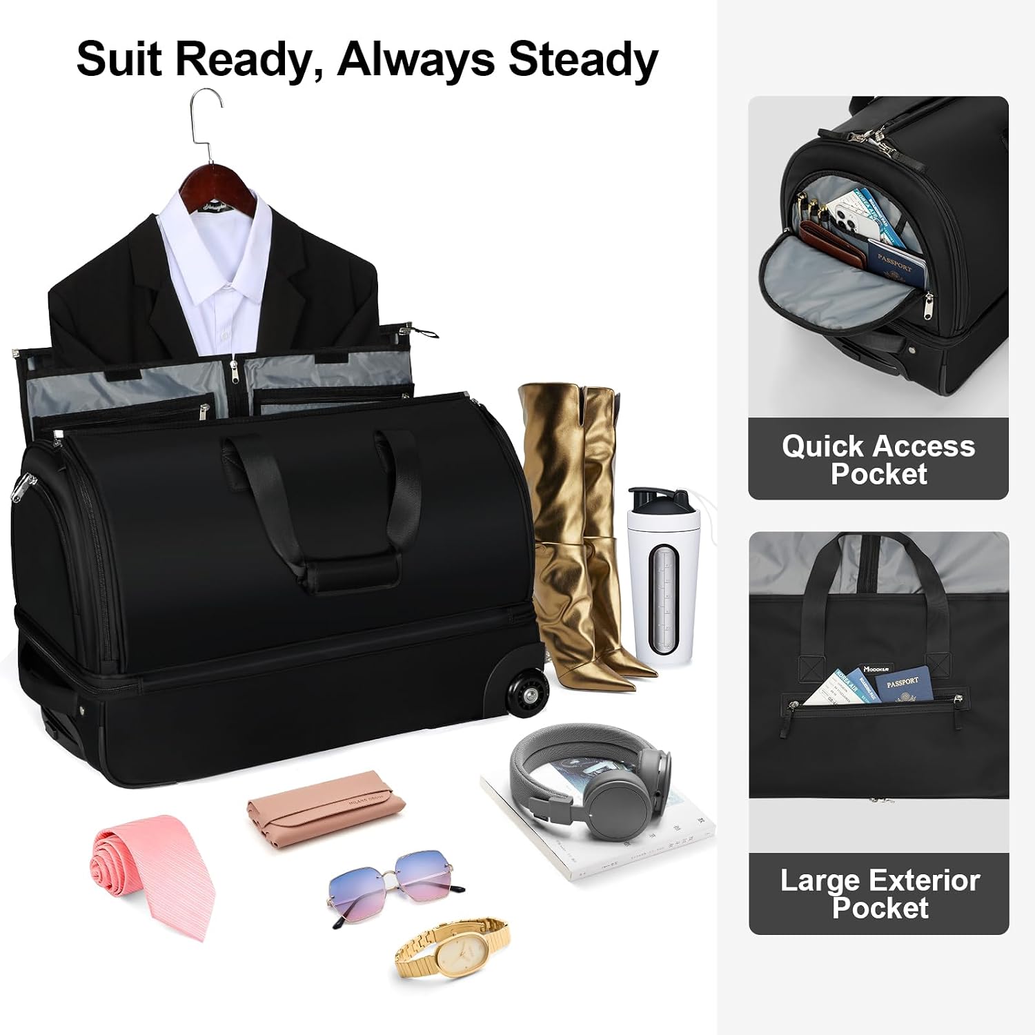 Modoker Convertible Rolling Garment Bag for Travel, Suit Travel Bag with Trolley, Garment Duffel Bag with Wheels & Shoes Compartment for Business Trip, Weekender - Black