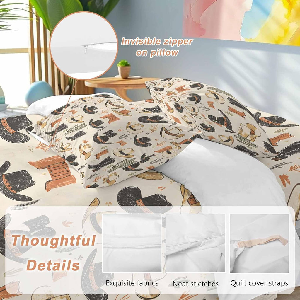 Prime Leader Western Cowboy Duvet Cover Set Queen Size 4 Pieces Boots Hat Vintage Desert Cactus Bedding Set with Zipper Closure, 1 Comforter Cover 90x92 Inches 1 Flat Sheet & 2 Pillow Cases