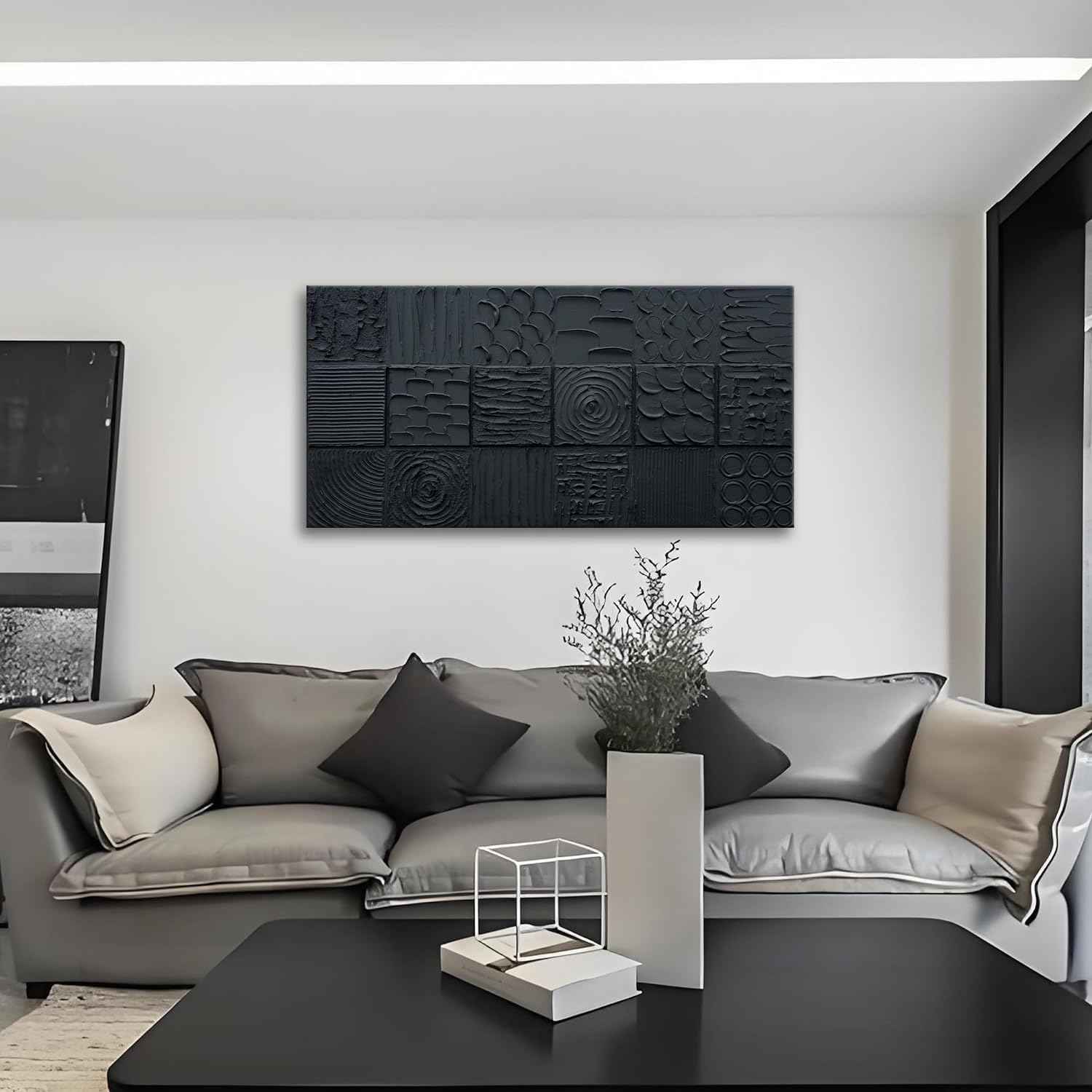 zoinart Pure Black Textured Wall Art 48x24 Inches Modern Abstract Oil Paintings on Canvas Wall Art for Living Room Bedroom Wall Decor