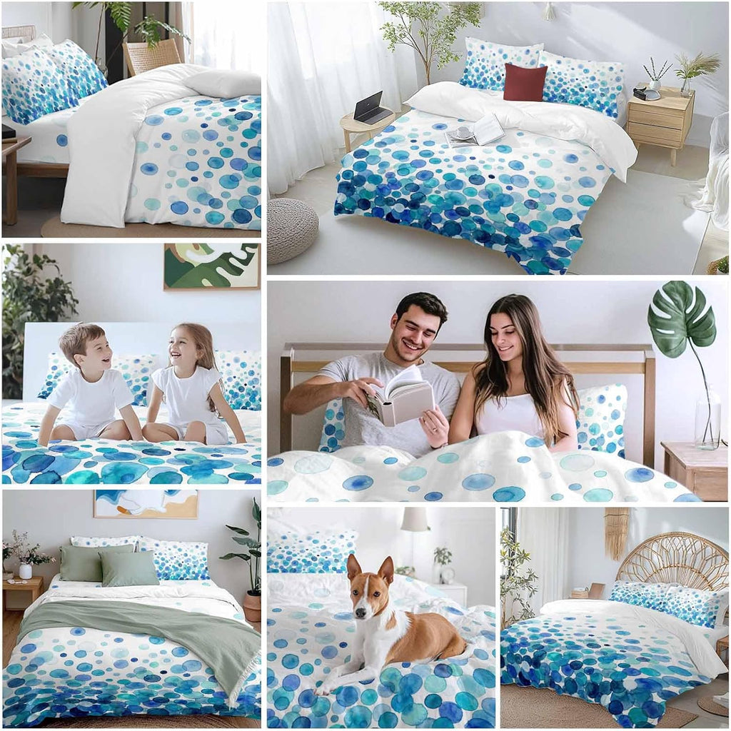Prime Leader Blue Polka Dots Duvet Cover Set Queen Size 4 Pieces Watercolor Abstract Art Gradients Bedding Set with Zipper Closure, 1 Comforter Cover 90x92 Inches 1 Flat Sheet & 2 Pillow Cases