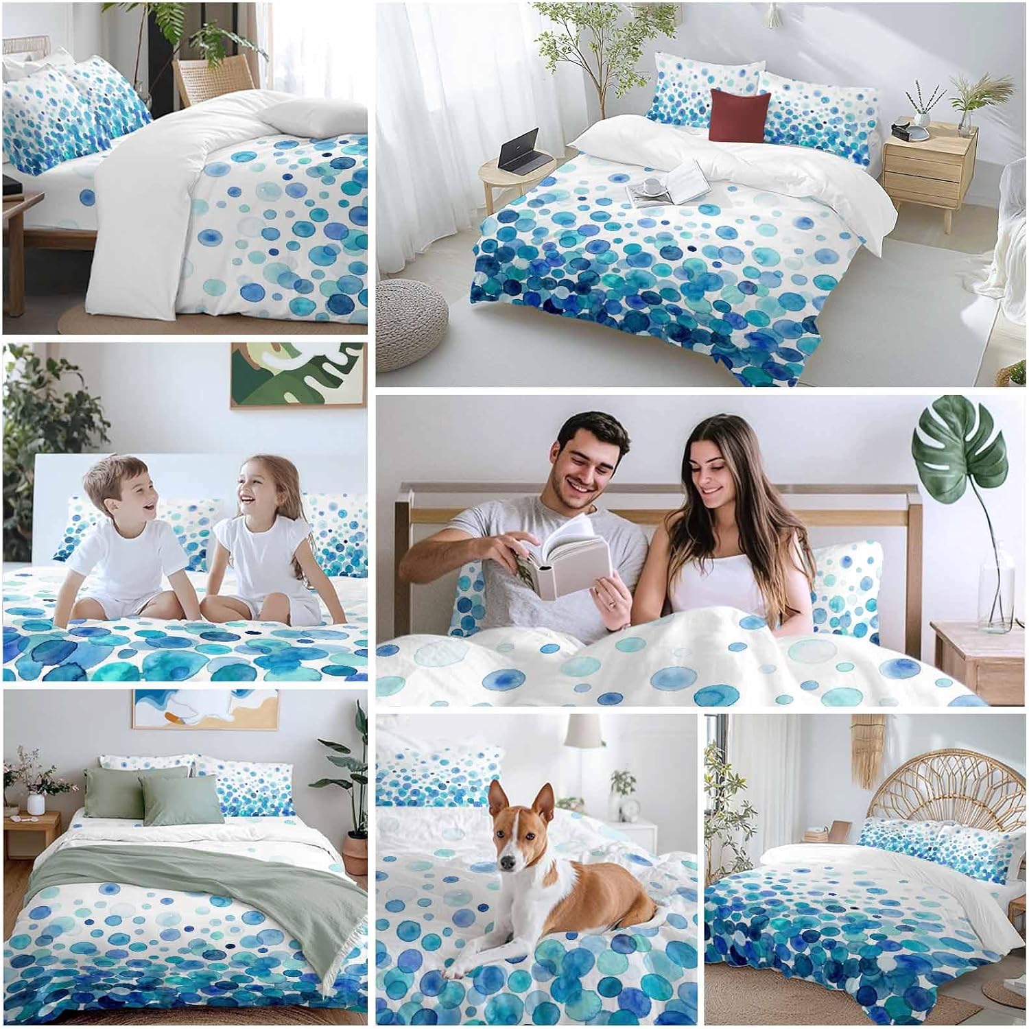 Prime Leader Blue Polka Dots Duvet Cover Set Queen Size 4 Pieces Watercolor Abstract Art Gradients Bedding Set with Zipper Closure, 1 Comforter Cover 90x92 Inches 1 Flat Sheet & 2 Pillow Cases