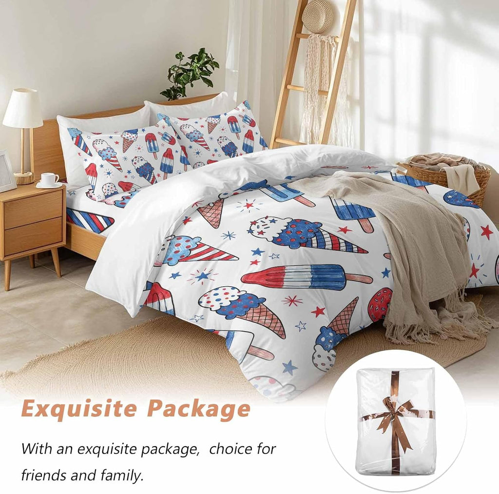 Red Blue Ice Cream Duvet Cover Set Queen Size 4 Pieces Independence Day Watercolor Ice Cream Bedding Set with Zipper Closure, 1 Comforter Cover 92x106 Inches 1 Flat Sheet & 2 Pillow Cases