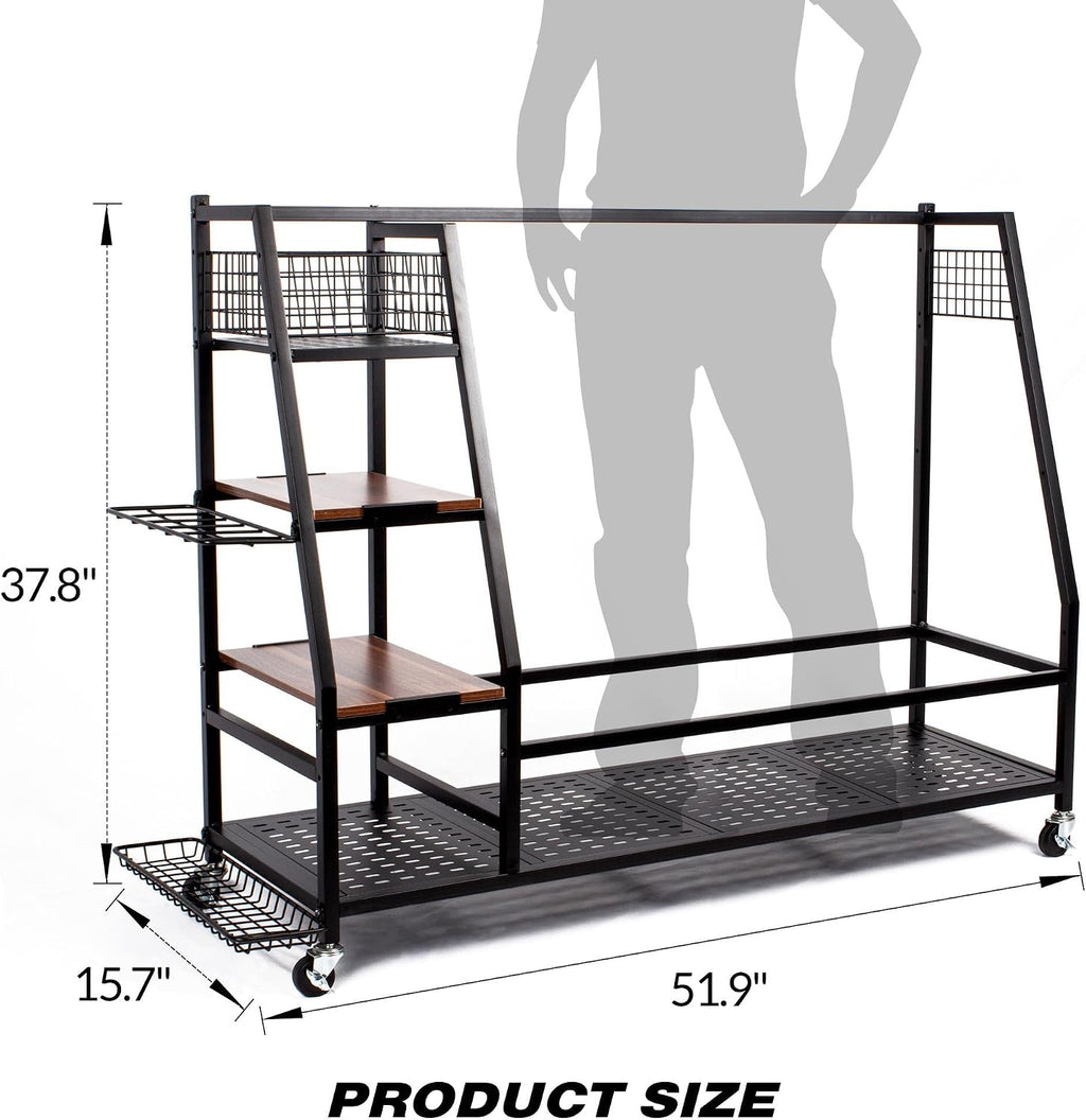 Sttoraboks Golf Bags Storage Garage Organizer, Golf Bag Rack Fits 2/3 Golf Bags and Golf Equipment Accessories, Golf Club Storage Stand with Wooden Shelf and Lockable Wheels for Garage Indoor Basement