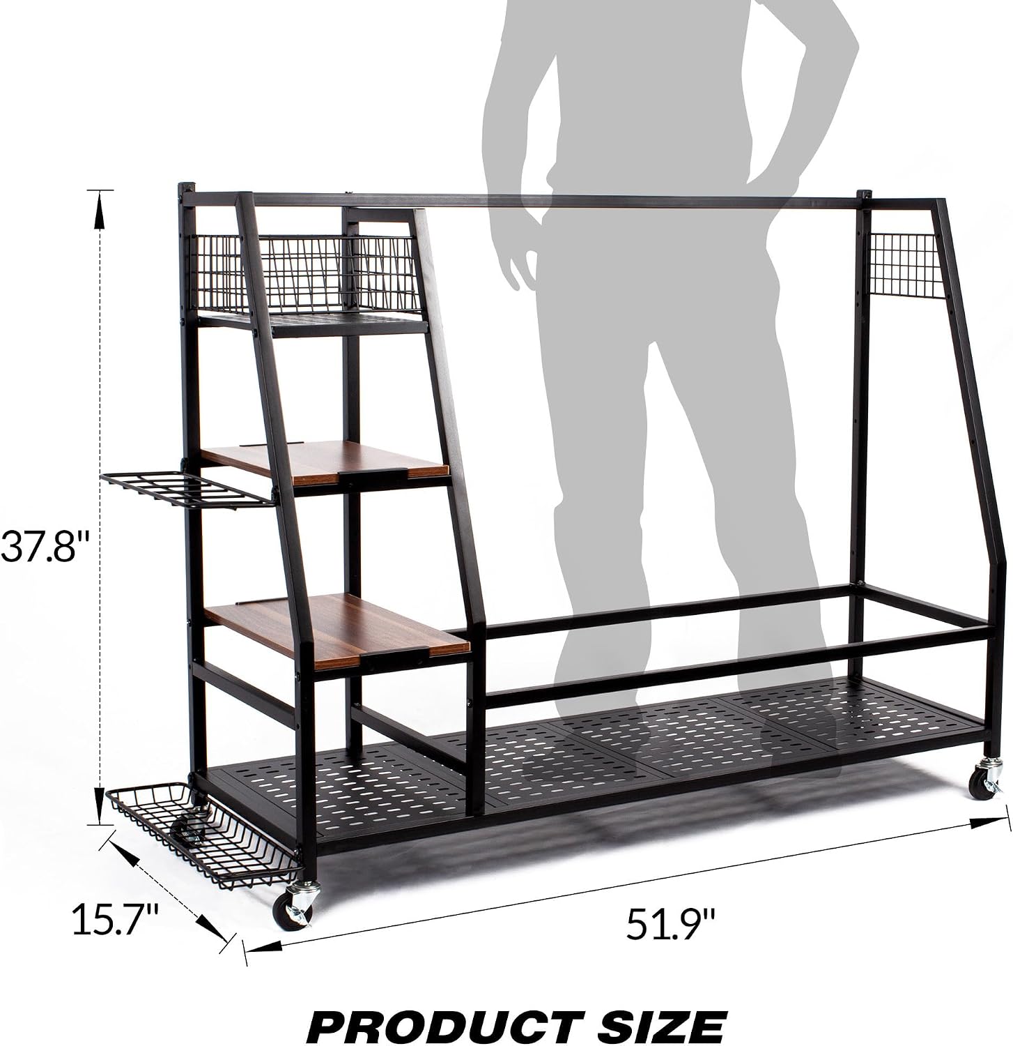 Sttoraboks Golf Bags Storage Garage Organizer, Golf Bag Rack Fits 2/3 Golf Bags and Golf Equipment Accessories, Golf Club Storage Stand with Wooden Shelf and Lockable Wheels for Garage Indoor Basement