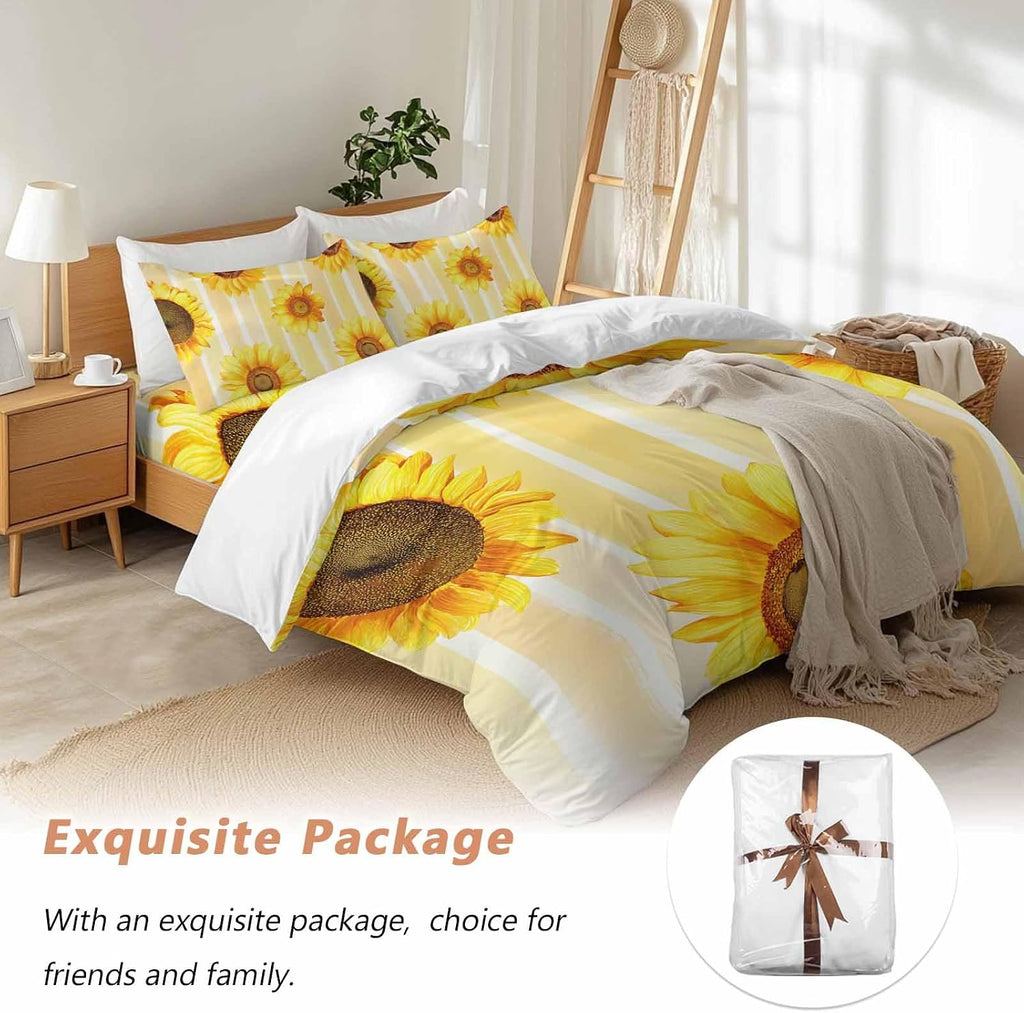 Prime Leader Sunflower Duvet Cover Set Queen Size 4 Pieces Yellow Floral Yellow Watercolor Strip Summer Bedding Set with Zipper Closure, 1 Comforter Cover 90x92 Inches 1 Flat Sheet & 2 Pillow Cases