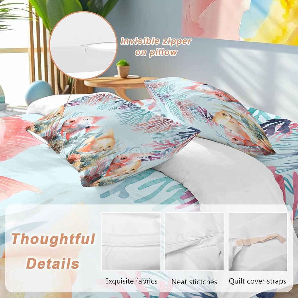 Summer Fish Duvet Cover Set Queen Size 4 Pieces Nautical Watercolor Orange Red Marine Life Coral Seaweed Bedding Set with Zipper Closure, 1 Comforter Cover 86x86 Inches 1 Flat Sheet & 2 Pillow Cases