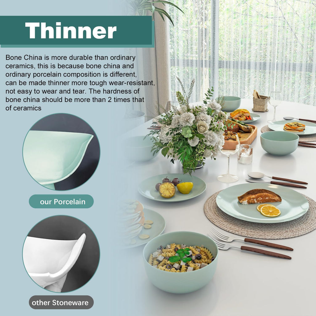 Yoshy 12-Piece Green Bone China Dinnerware with Lightweight Durable Chip Resistant Design Service for 4