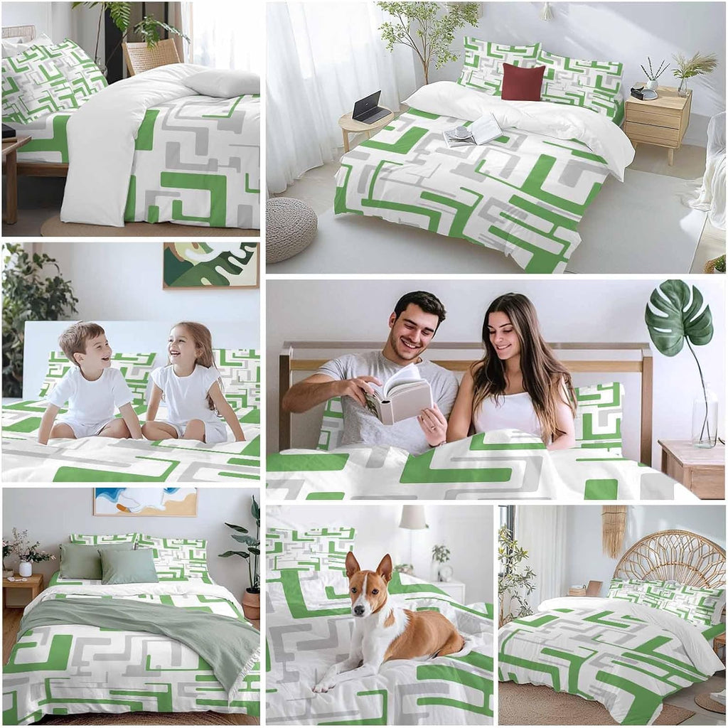Prime Leader Green Gray Geometric Stripes Duvet Cover Set Queen Size 4 Pieces Modern Abstract Lines Maze Bedding Set with Zipper Closure, 1 Comforter Cover 92x106 Inches 1 Flat Sheet & 2 Pillow Cases