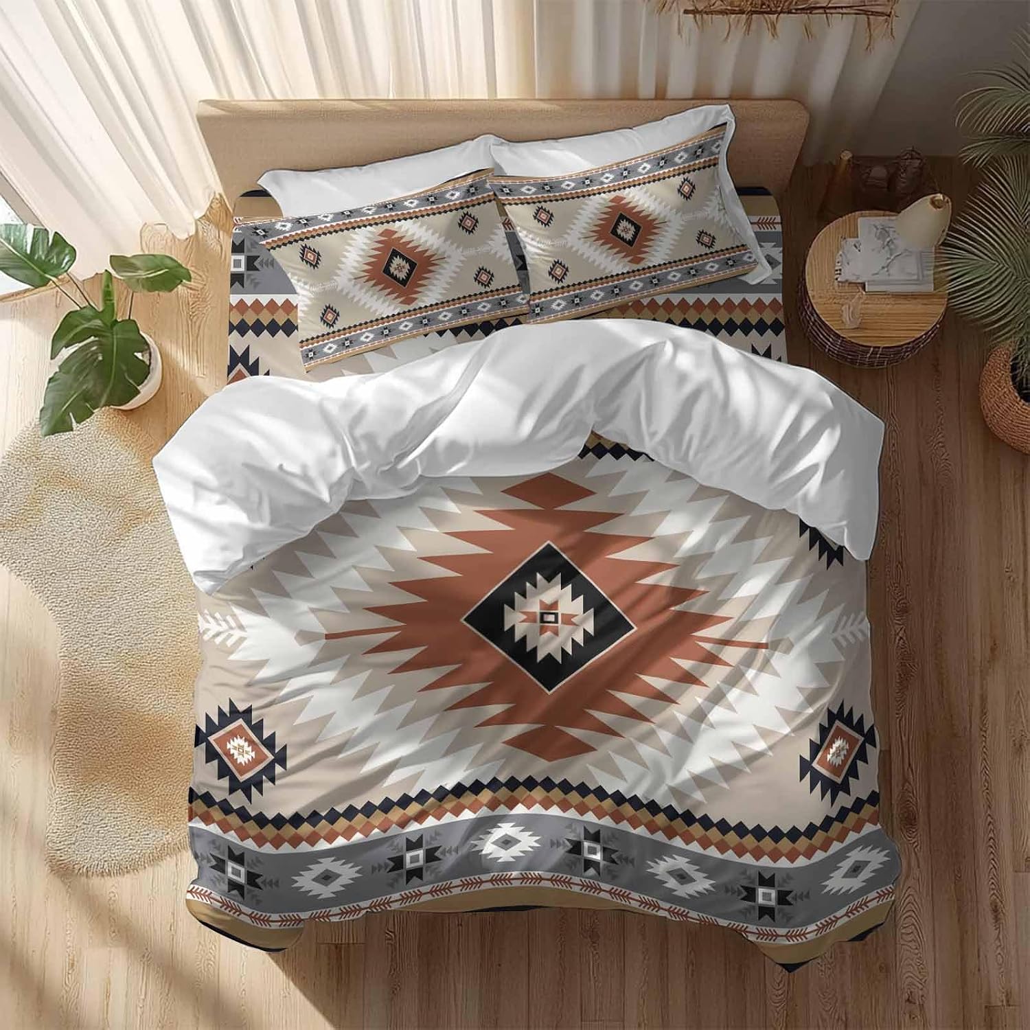 Aztec Southwestern Duvet Cover Set Queen Size 4 Pieces Ethnic Tribal Style Geometric Orange Khaki Bedding Set with Zipper Closure, 1 Comforter Cover 90x92 Inches 1 Flat Sheet & 2 Pillow Cases