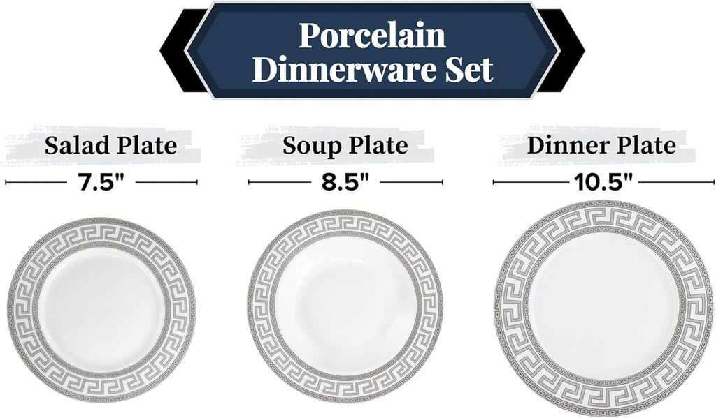 32 Piece Porcelain Dinnerware Sets for 8 – White Plates and Bowls with Silver Greek Key Design - Dish Set for Kitchen Table, Everyday Dining or Formal Occasions (Meander Silver)
