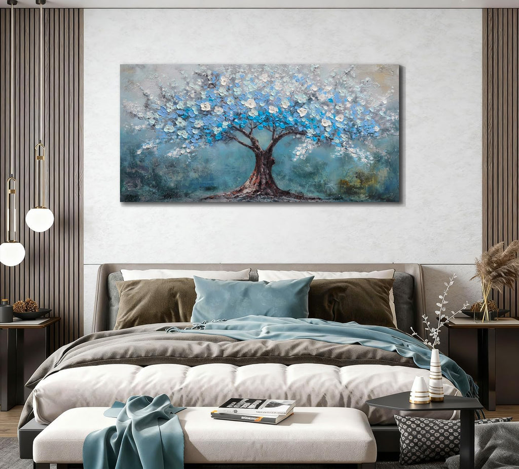 Acocifi Blue Tree of Life Canvas Wall Art for Living Room, Textured Painting 58'x29', Nature Landscape Tree Picture Extra Large Artwork Framed for Bedroom Office Home Wall Decor