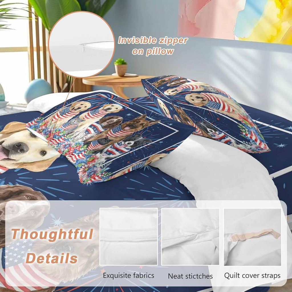 Independence Day Dog Cat Duvet Cover Set Queen Size 4 Pieces Watercolor Red Blue Stripe Star Flag Firework Blue Bedding Set with Zipper Closure,1 Comforter Cover 86x86 Inch 1 Flat Sheet&2 Pillow Cases