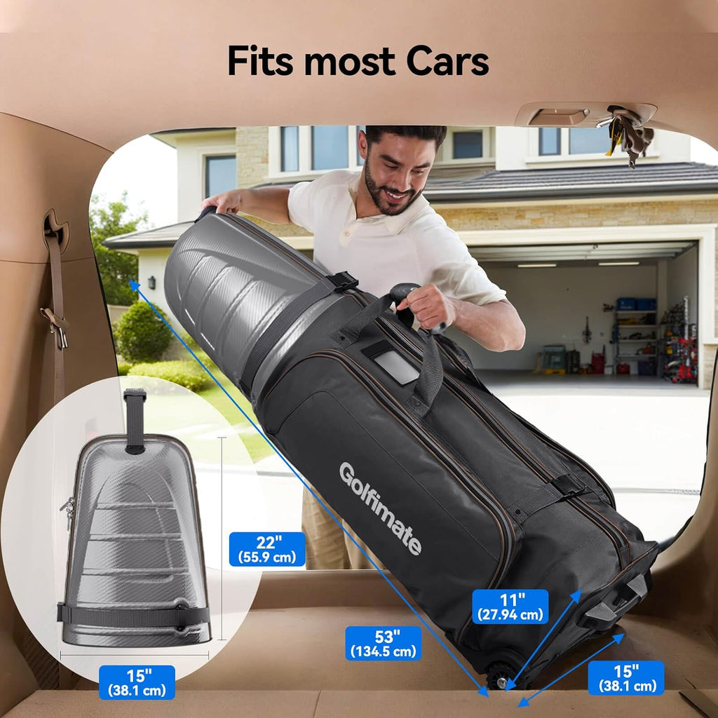 Golf Travel Bags for Airlines with Carbon Fiber Hard Top, Protective Club Traveling Cover with Wheel, Golf Club Carrier Case for Airplanes, Thick Padding, Durable Zippers and 2 Sided Spacious Pockets