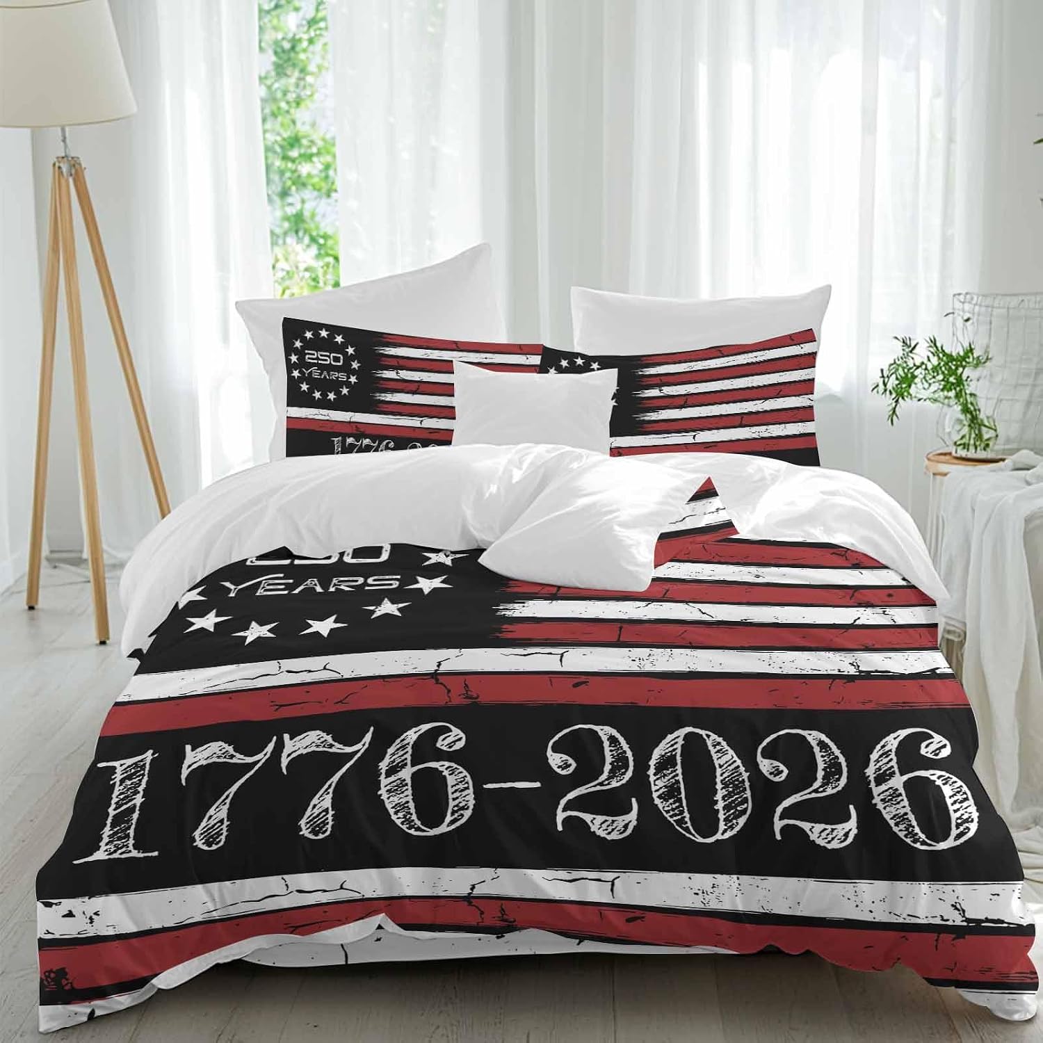 4th of July Duvet Cover Set Queen Size 4 Pieces 250 Years Independence Day Red Black USA Flag Stripe Bedding Set with Zipper Closure, 1 Comforter Cover 92x106 Inches 1 Flat Sheet & 2 Pillow Cases