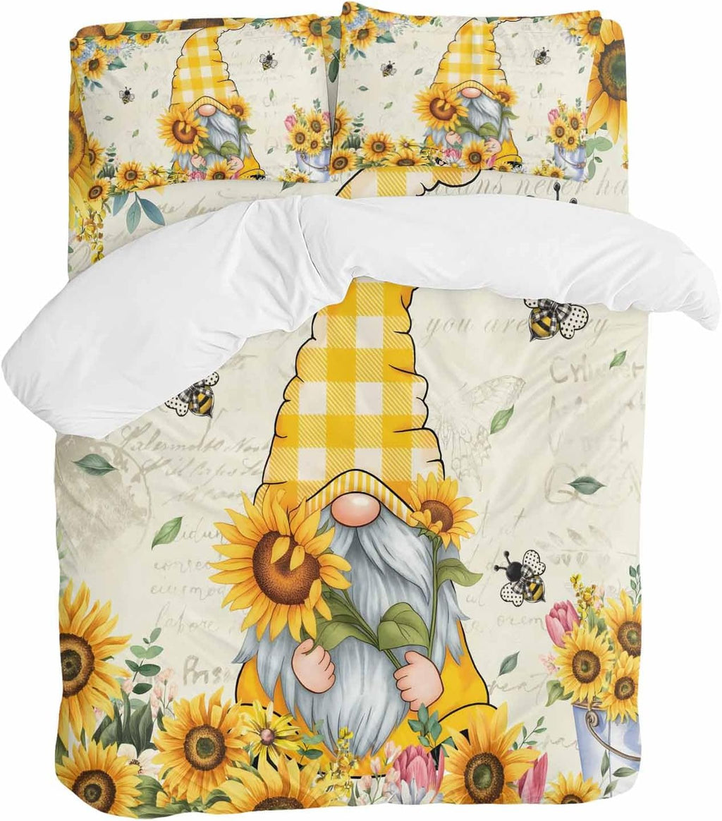 Prime Leader Sunflower Gnome Duvet Cover Set Queen Size 4 Pieces Bee Yellow Flower Leaf Spring Plant Farm Bedding Set with Zipper Closure, 1 Comforter Cover 86x86 Inches 1 Flat Sheet & 2 Pillow Cases