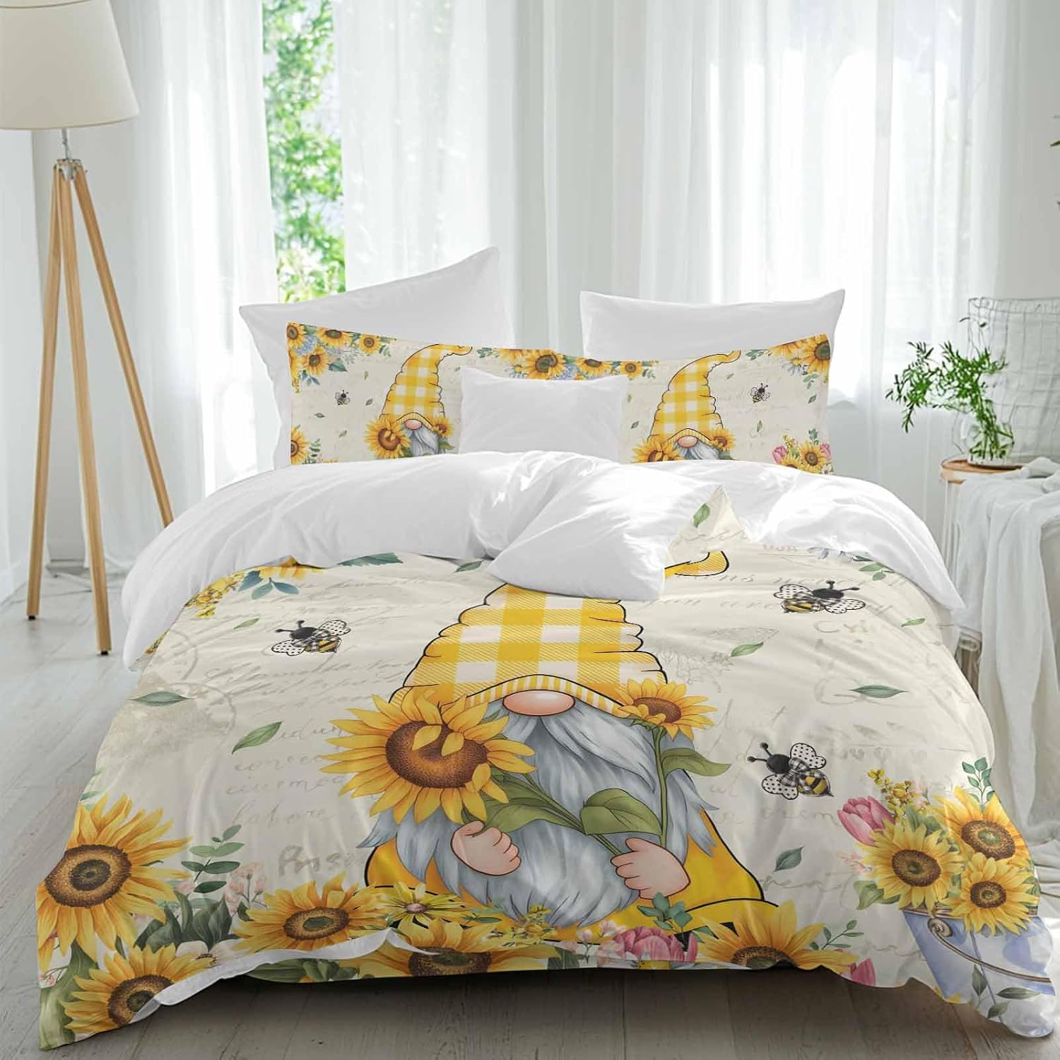 Prime Leader Sunflower Gnome Duvet Cover Set Queen Size 4 Pieces Bee Yellow Flower Leaf Spring Plant Farm Bedding Set with Zipper Closure, 1 Comforter Cover 86x86 Inches 1 Flat Sheet & 2 Pillow Cases