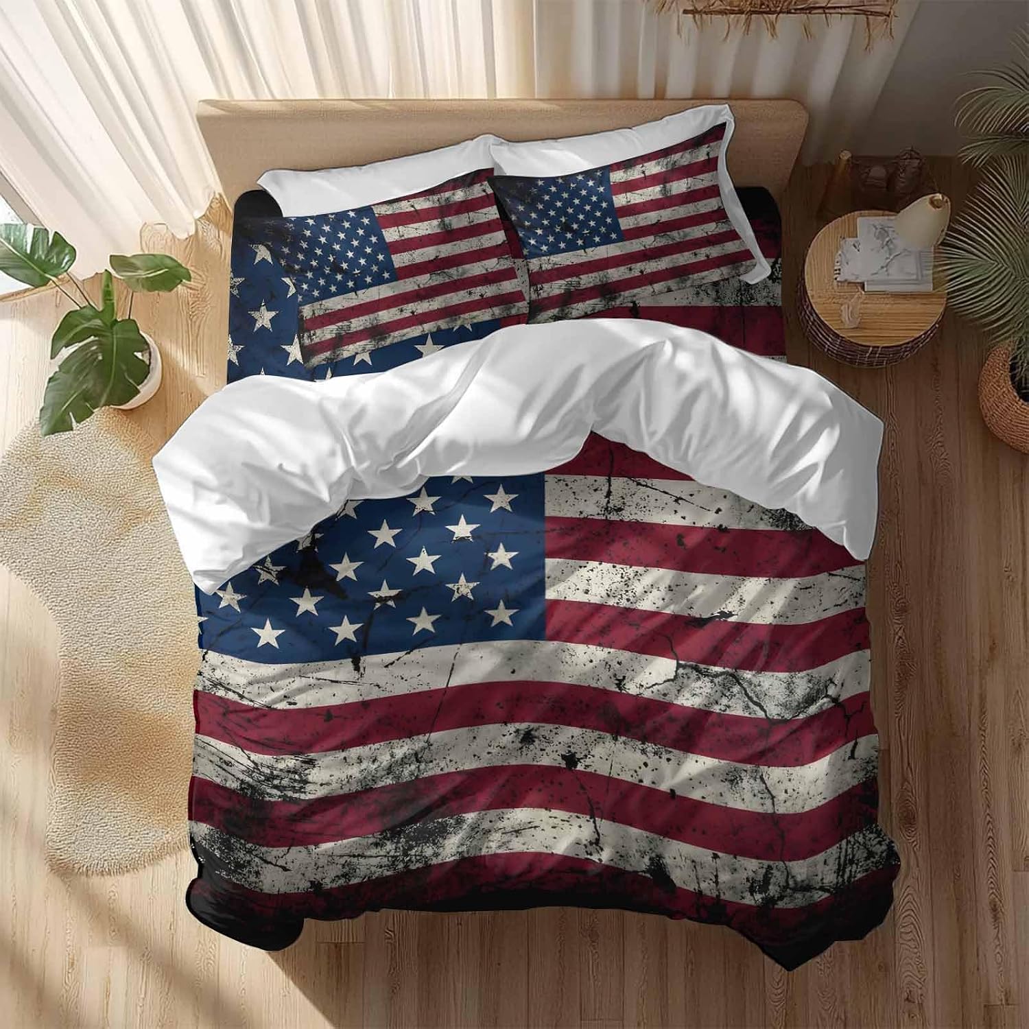 Prime Leader Independence Day Duvet Cover Set Queen Size 4 Pieces Mottled U. S. Flag Shabby Chic Vintage Bedding Set with Zipper Closure, 1 Comforter Cover 90x92 Inches 1 Flat Sheet & 2 Pillow Cases