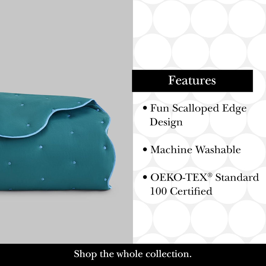 kate spade new york Scalloped Edge 2-Piece Twin Quilt Bedding Set, 100% Cotton Voile Reversible Cover, All Season Bedding, Machine Washable, Blue Spruce