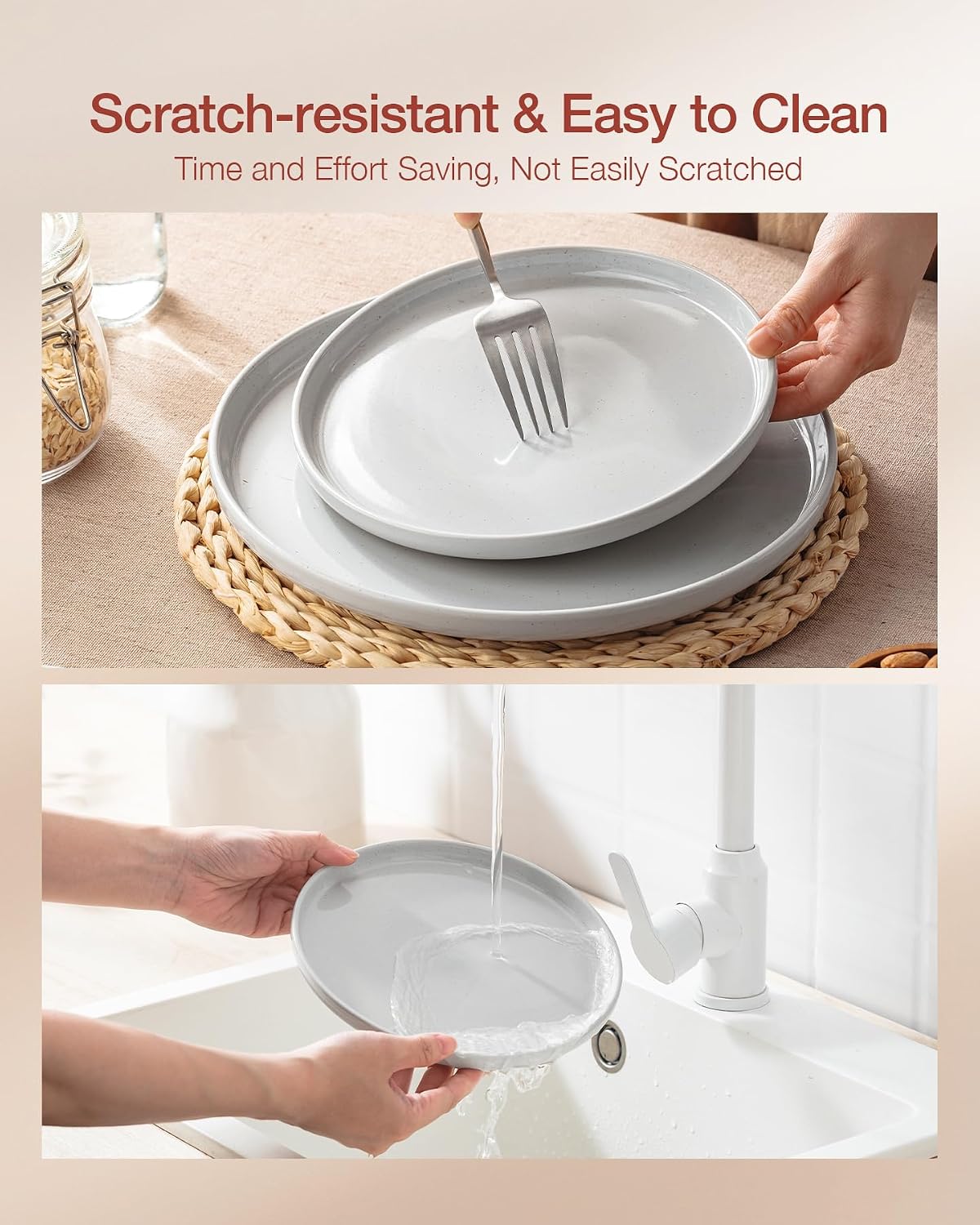 Famiware Milkyway Stoneware Dinnerware Sets with Pasta Bowls, Service for 6 (24 Pieces), Plates and Bowls Sets -Scratch Resistant, Microwave and Dishwasher Safe Dishes Set, Light Gray