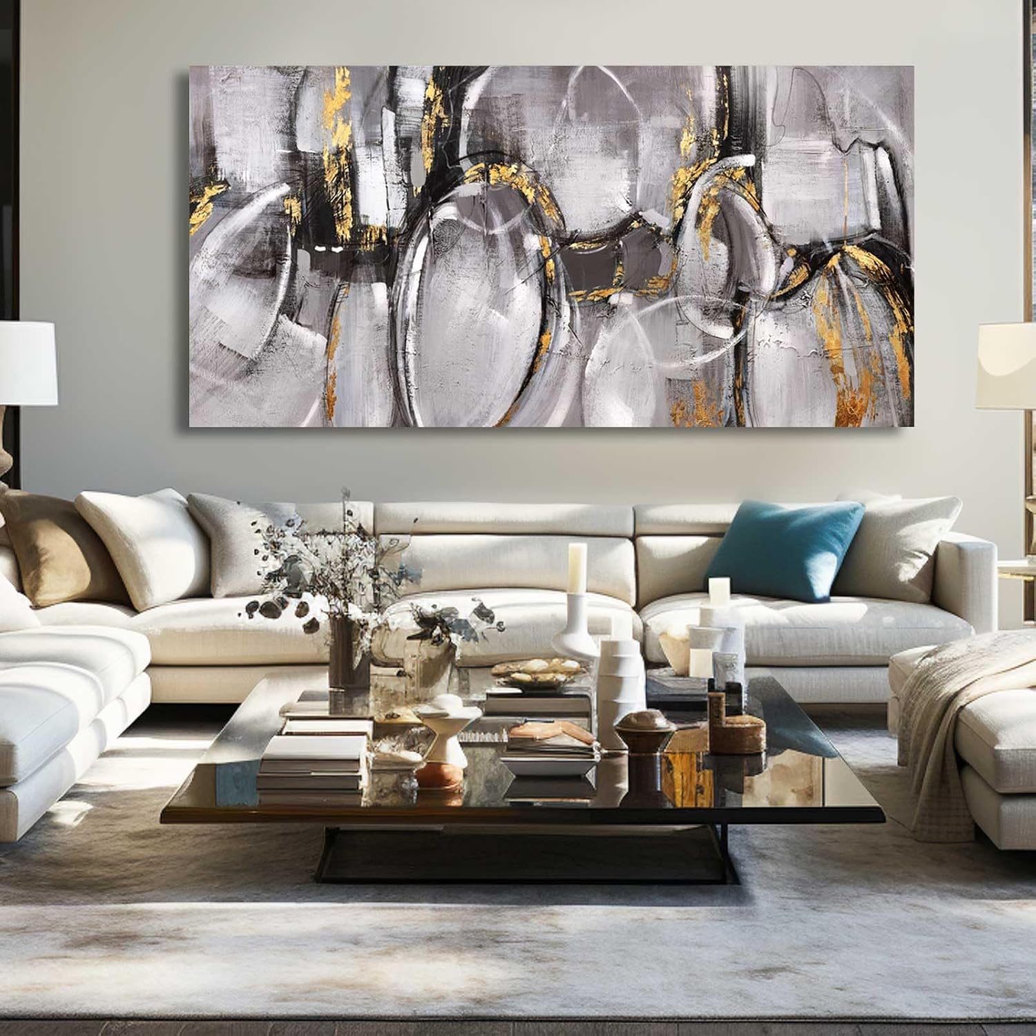 XIANSHOU Black and Grey Painting Pictures Abstract Wall Decor for Office 29'x 58' Modern Artwork Gold Foil Wall Art for Living Room Dining Room Bedroom
