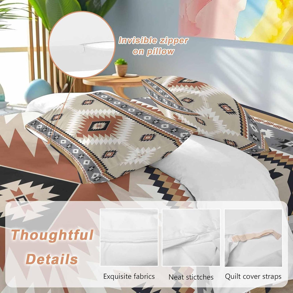 Aztec Southwestern Duvet Cover Set Queen Size 4 Pieces Ethnic Tribal Style Geometric Orange Khaki Bedding Set with Zipper Closure, 1 Comforter Cover 90x92 Inches 1 Flat Sheet & 2 Pillow Cases