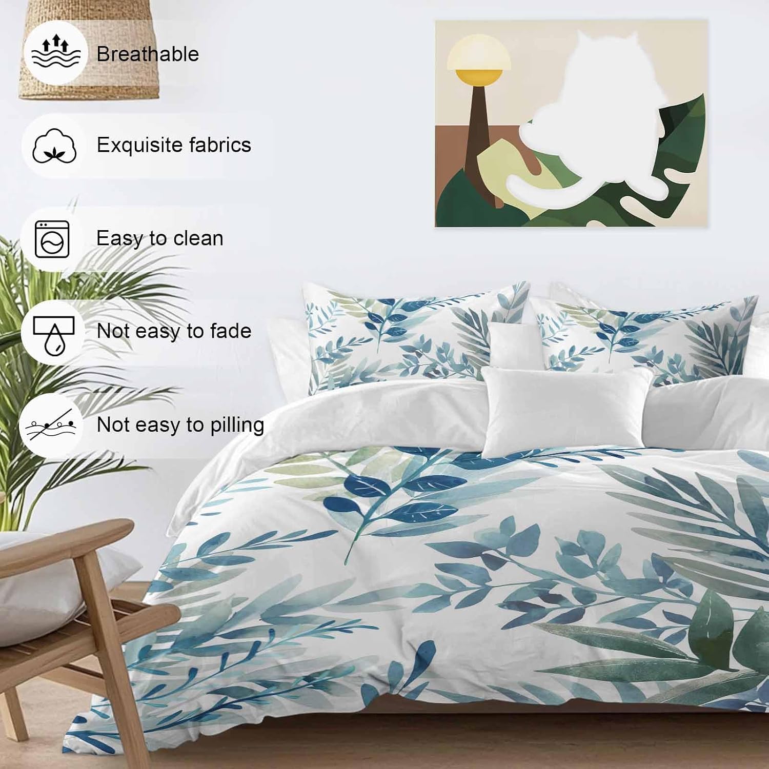 Spring Leaves Duvet Cover Set Queen Size 4 Pieces Watercolor Blue Green Leaf Plant Branch Bedding Set with Zipper Closure, 1 Comforter Cover 90x92 Inches 1 Flat Sheet & 2 Pillow Cases