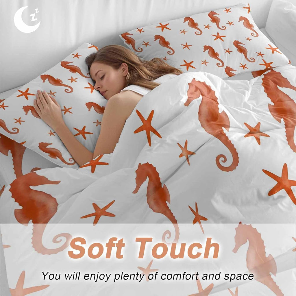 Orange Marine Life Duvet Cover Set Queen Size 4 Pieces Summer Seahorse and Starfish Ocean Theme Bedding Set with Zipper Closure, 1 Comforter Cover 90x92 Inches 1 Flat Sheet & 2 Pillow Cases