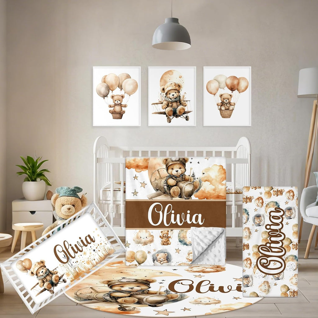 Terwex Personalized Toddler Bedding Set, 5 Pcs Custom Name Crib Bedding Set for Boys Girls, Balloon Bear Baby Crib Bedding Set, Double Layer Flannel Baby Crib Set, Customized Gifts for Newborn Infant