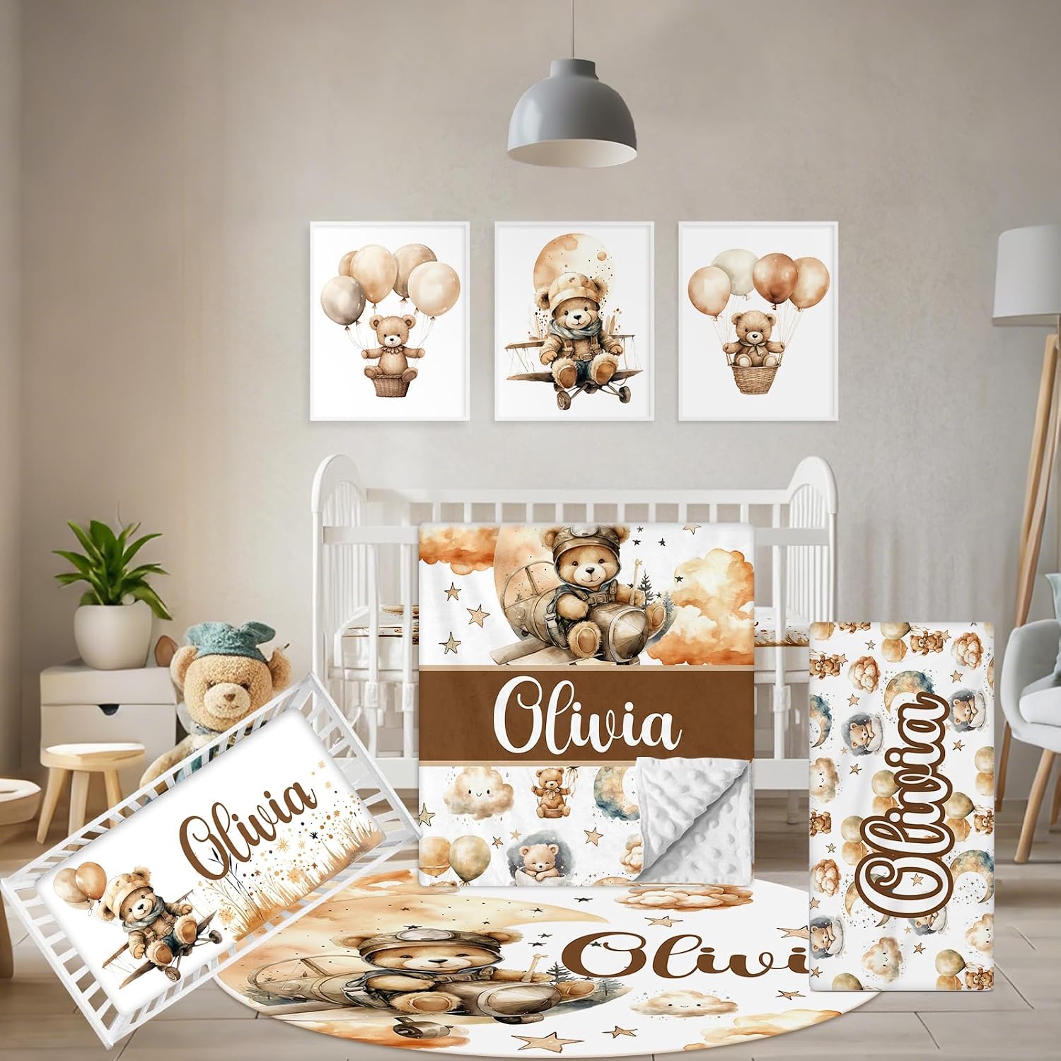 Terwex Personalized Toddler Bedding Set, 5 Pcs Custom Name Crib Bedding Set for Boys Girls, Balloon Bear Baby Crib Bedding Set, Double Layer Flannel Baby Crib Set, Customized Gifts for Newborn Infant