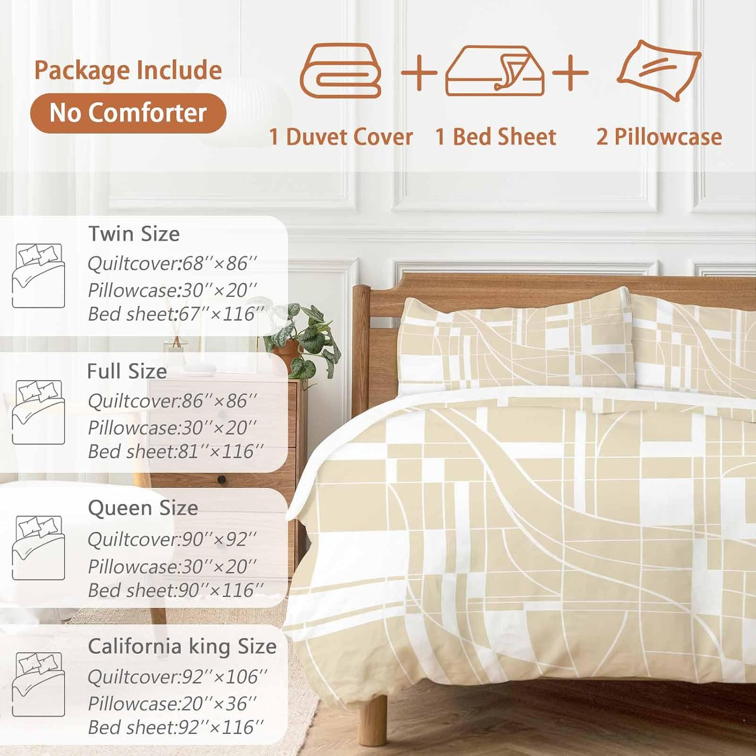Prime Leader Lines Duvet Cover Set Queen Size 4 Pieces Abstarct Geometric White Lines Plaid Light Brown Bedding Set with Zipper Closure, 1 Comforter Cover 90x92 Inches 1 Flat Sheet & 2 Pillow Cases
