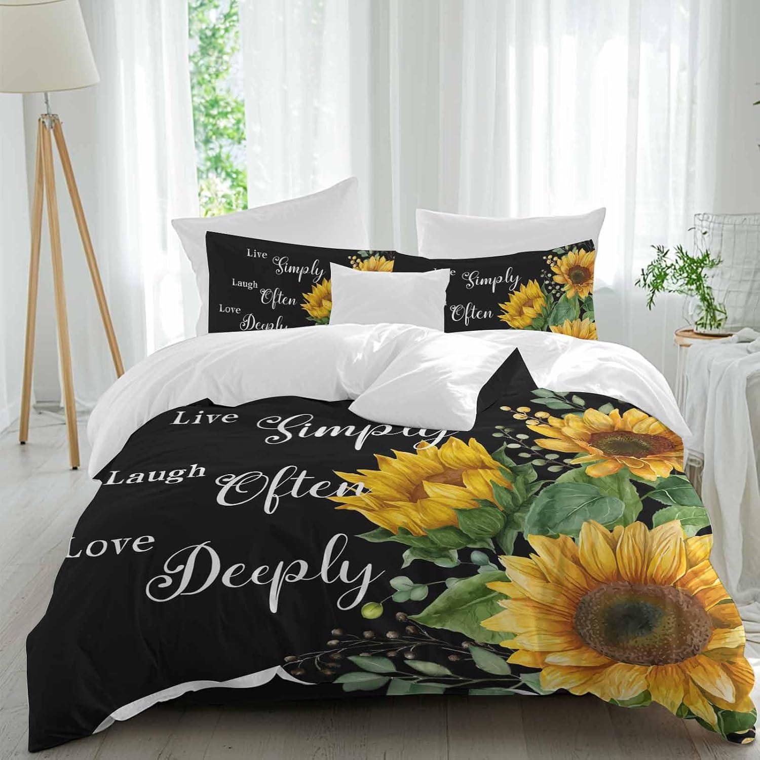 Prime Leader Sunflower Duvet Cover Set Queen Size 4 Pieces Live Simply Laugh Often Love Deeply Black Bedding Set with Zipper Closure, 1 Comforter Cover 90x92 Inches 1 Flat Sheet & 2 Pillow Cases