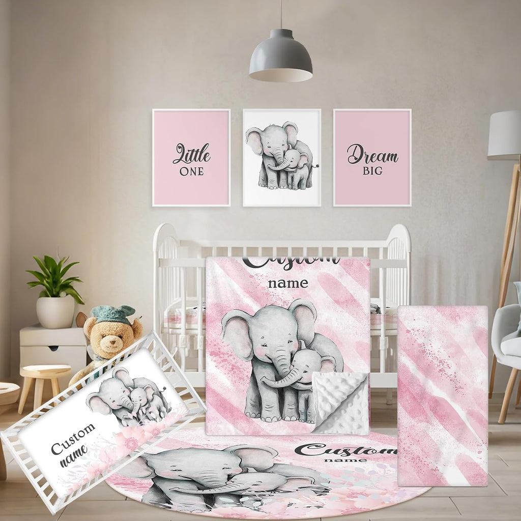 Terwex Personalized Baby Bedding Set, 5 Pcs Custom Baby Crib Sets with Name, Toddler Bedding Set for Baby Girls, Pink Elephants Double Layer Nursery Bedding Set, Customized Gifts for Infants Kids