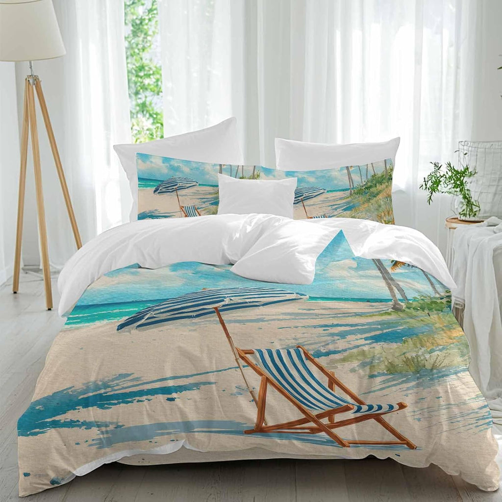 Summer Beach Duvet Cover Set Queen Size 4 Pieces Vintage Sunshade Lounge Chair Coastal Blue Striped Bedding Set with Zipper Closure, 1 Comforter Cover 86x86 Inches 1 Flat Sheet & 2 Pillow Cases