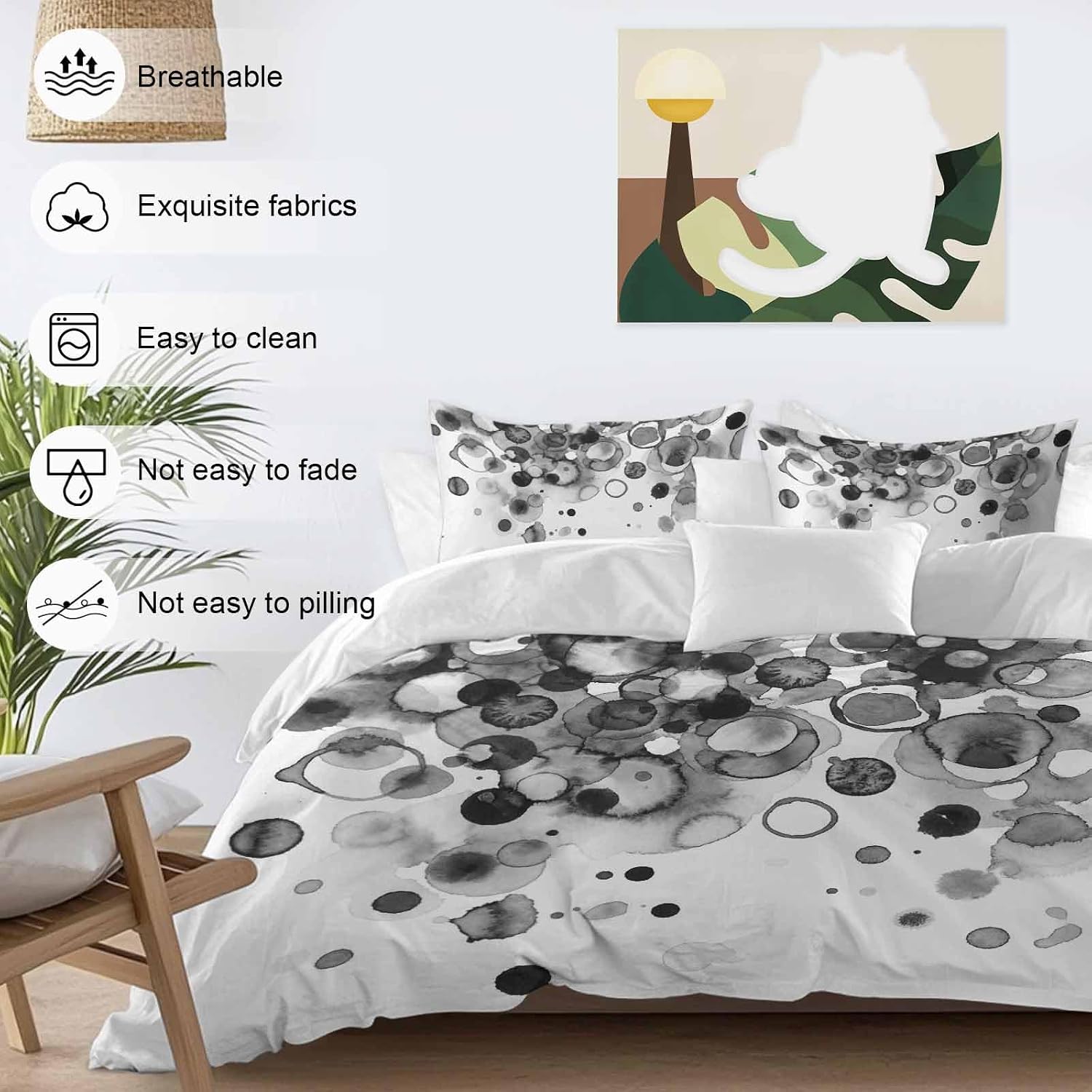 Abstract Duvet Cover Set Queen Size 4 Pieces Black Gradient Watercolors Ink Points Minimalist Bedding Set with Zipper Closure, 1 Comforter Cover 92x106 Inches 1 Flat Sheet & 2 Pillow Cases